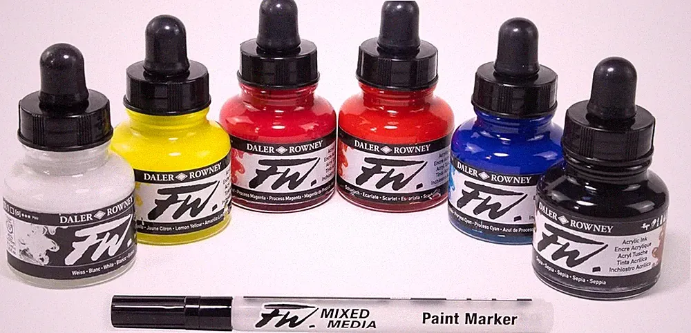 Daler Rowney FW Acrylic Ink Bottle 6-Color Primary Set with Empty Marker
